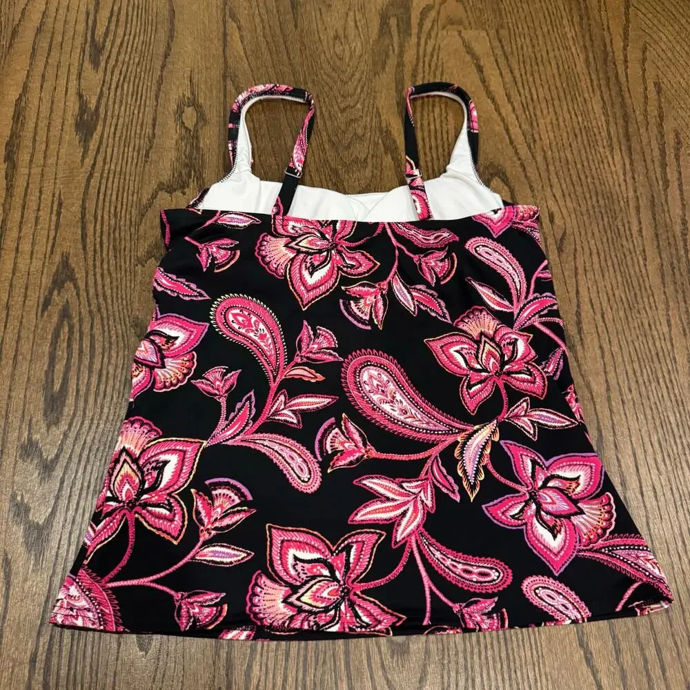 Lands End Womens Pink Black Paisley Underwire Tankini Swim Suit Top Size 8
